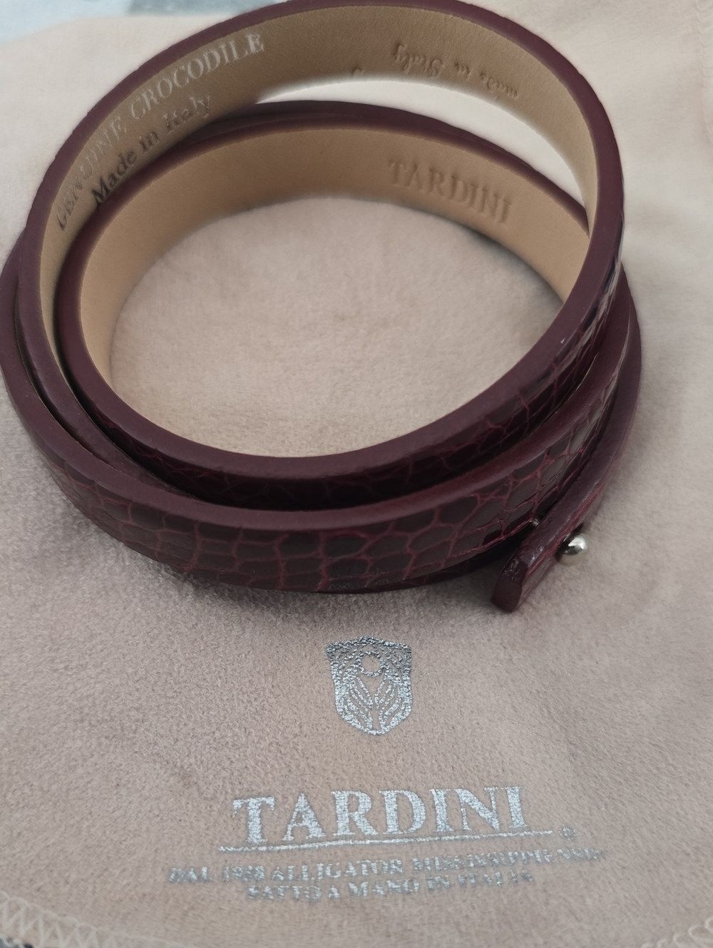 NIB Tardini Italy Genuine Crocodile Double Wrap Leather Bracelet Burgundy